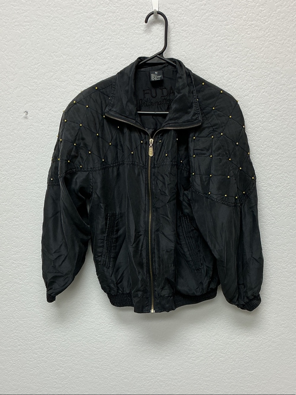 Fuda Black Quilted Bomber Jacket with Gold Studs